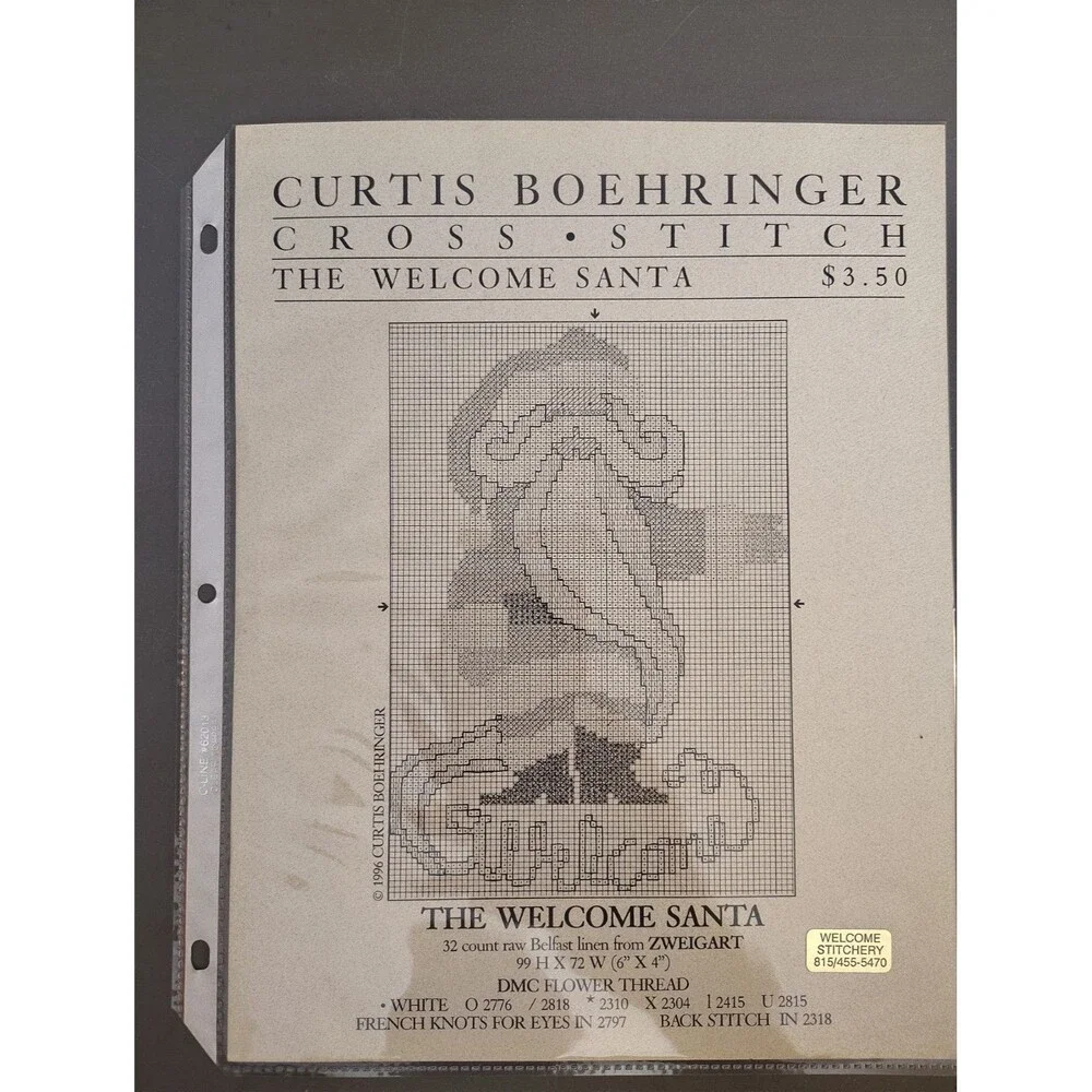 Vintage 1996 Curtis Boehringer THE WELCOME SANTA Cross Stitch Pattern Leaflet